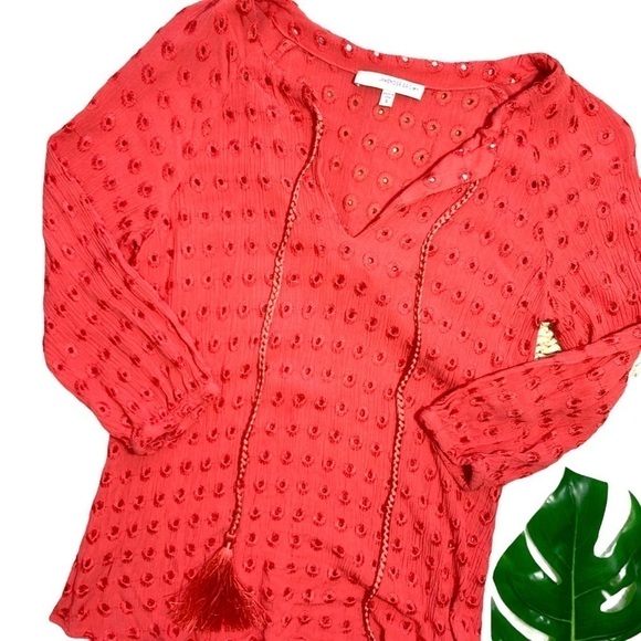 Lavender Brown Red Cedric Eyelet Stitch Fix Tassel 3/4 Sleeve Blouse Top Sz S - Picture 1 of 17